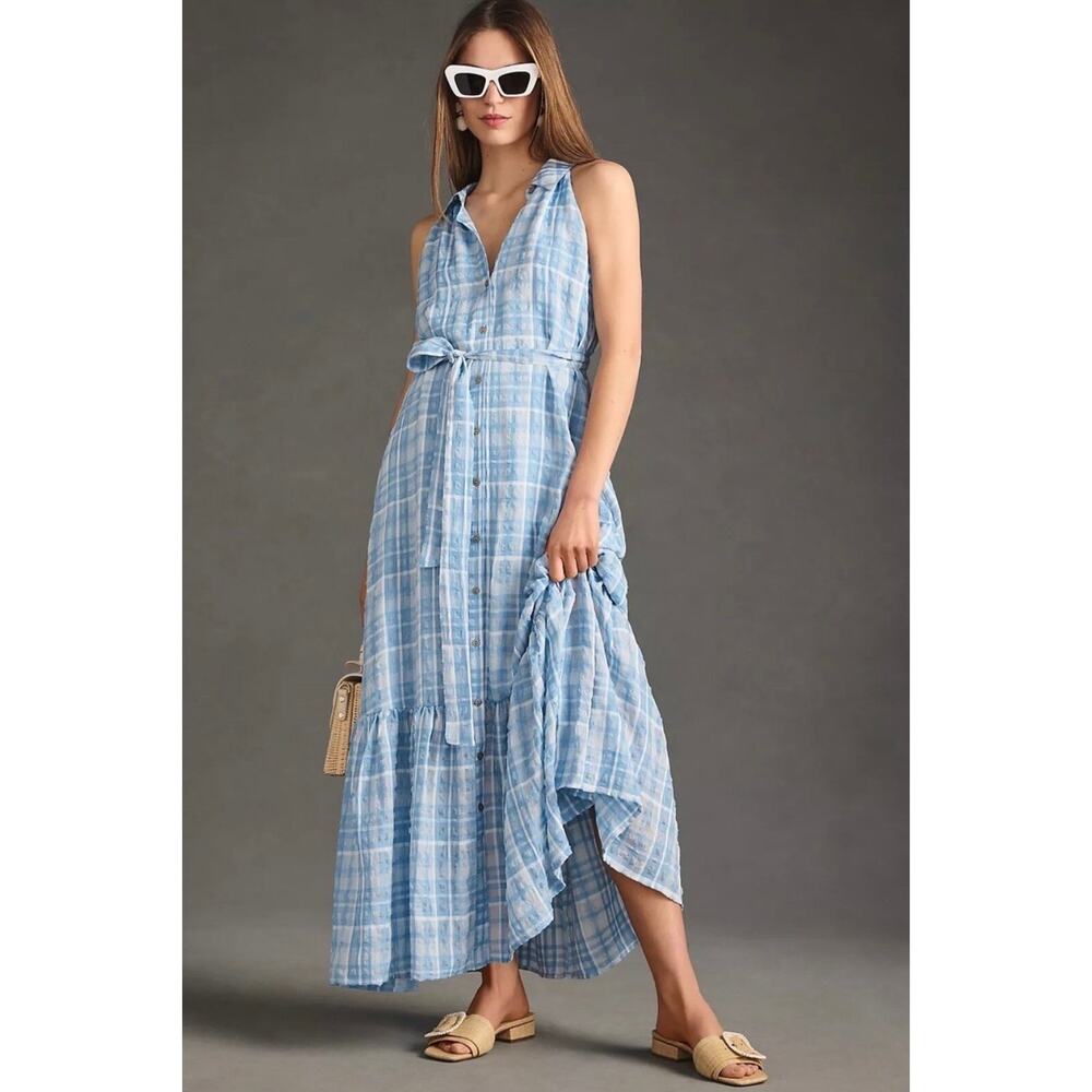 By Anthropologie Plaid Sleeveless Tiered Ruffle Hem Tie Waist Maxi Dress XL